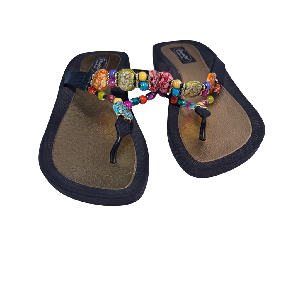 Grandco Womens Beaded Wedge Thong Sandals 9 Black Multi Boho Summer Flip Flops